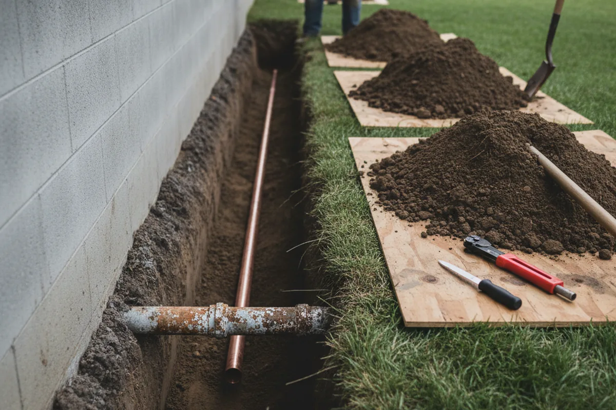 Excavated water line trench during Water Softener Installation in Delaware